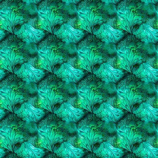 Image of Dreamweaver Foliage Jade quilting cotton fabric by Morris Creative Group for QT Fabrics. Features an abstract pattern on a green blue background. Cute Little Fabric Shop.