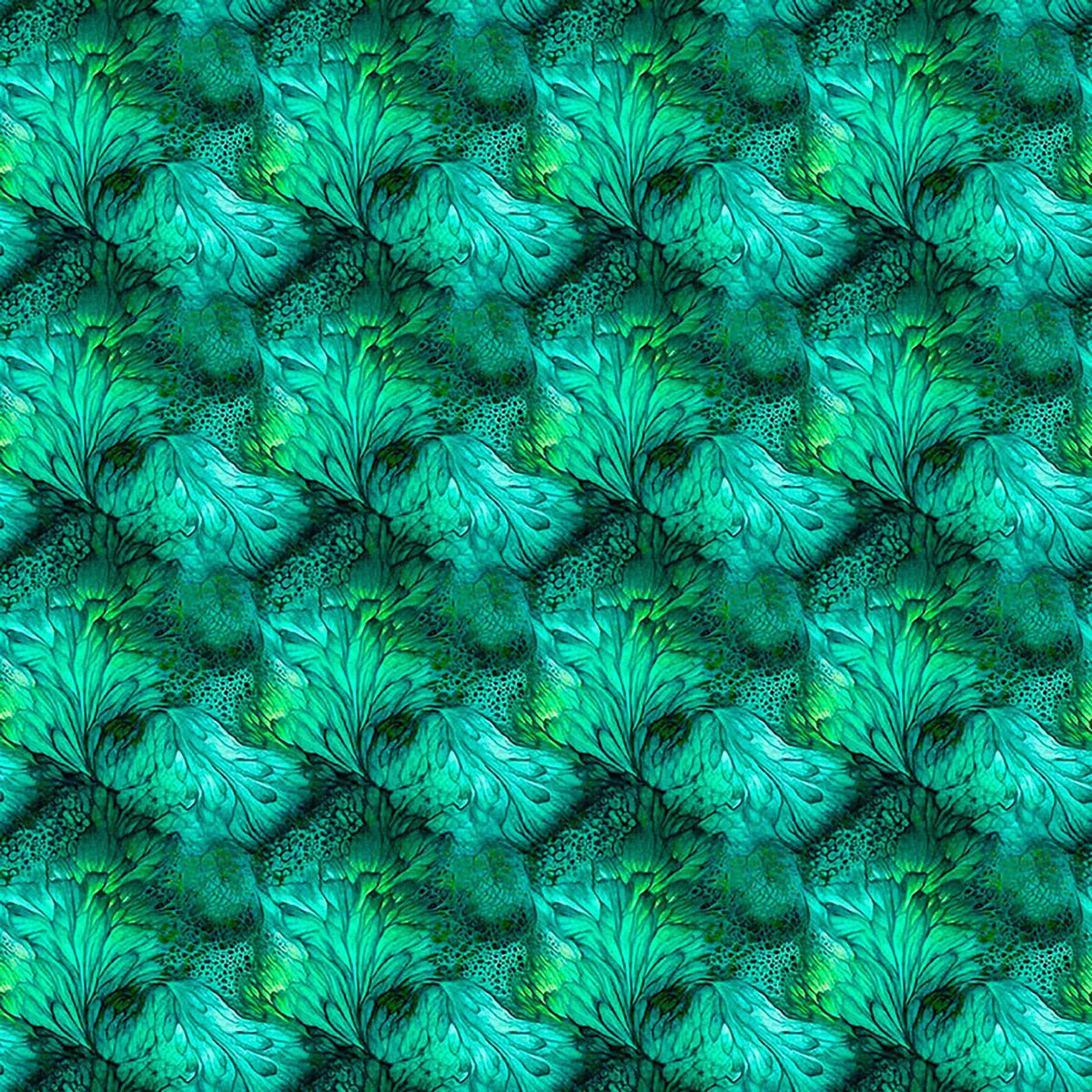 Image of Dreamweaver Foliage Jade quilting cotton fabric by Morris Creative Group for QT Fabrics. Features an abstract pattern on a green blue background. Cute Little Fabric Shop.