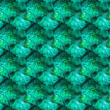 Image of Dreamweaver Foliage Jade quilting cotton fabric by Morris Creative Group for QT Fabrics. Features an abstract pattern on a green blue background. Cute Little Fabric Shop.