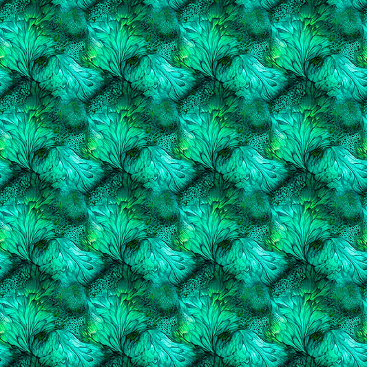 Image of Dreamweaver Foliage Jade quilting cotton fabric by Morris Creative Group for QT Fabrics. Features an abstract pattern on a green blue background. Cute Little Fabric Shop.