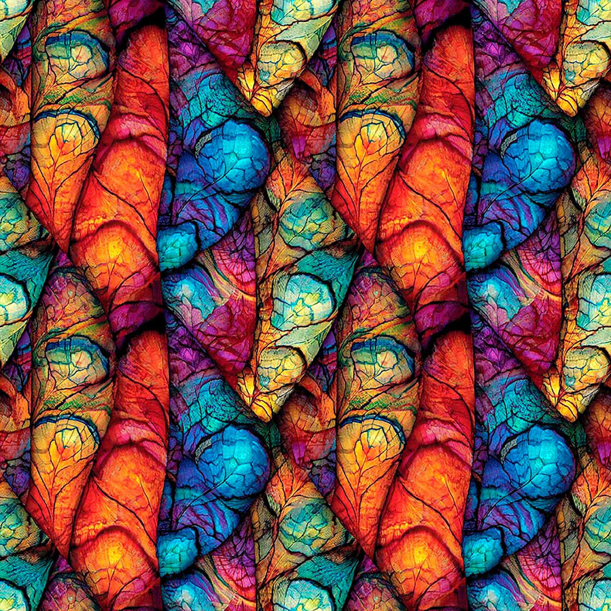 Image of Dreamweaver Flutter Multi quilting cotton fabric by Morris Creative Group for QT Fabrics. Features an abstract pattern on a rainbow background. Cute Little Fabric Shop.