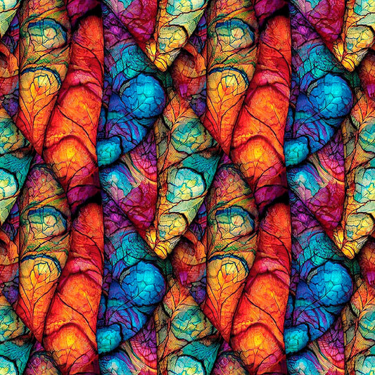 Image of Dreamweaver Flutter Multi quilting cotton fabric by Morris Creative Group for QT Fabrics. Features an abstract pattern on a rainbow background. Cute Little Fabric Shop.