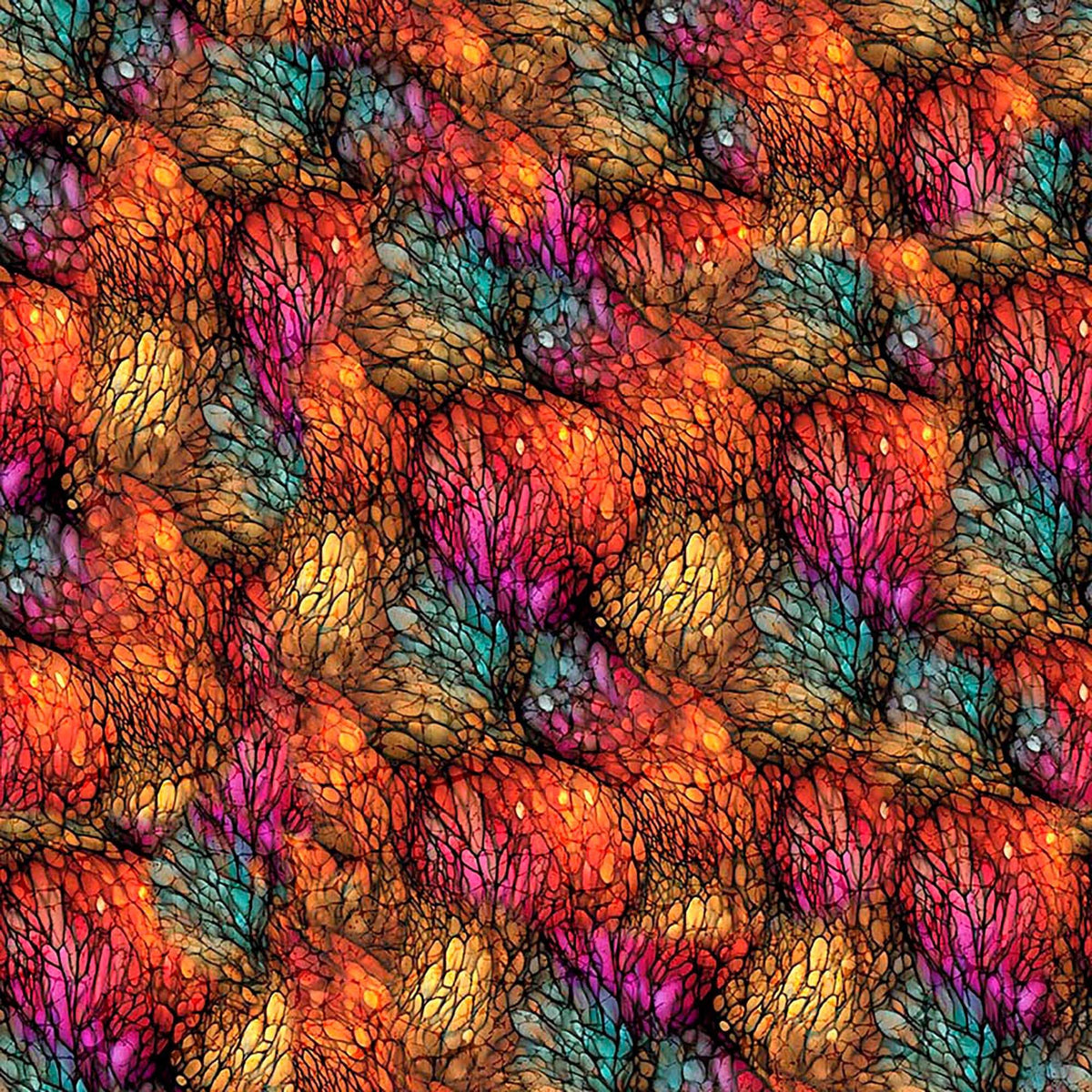 Image of Dreamweaver Color Buds Multi quilting cotton fabric by Morris Creative Group for QT Fabrics. Features an abstract pattern on a rainbow background. Cute Little Fabric Shop.