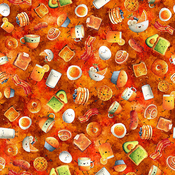 Image of QT Foodies The Breakfast Club Burnt Orange quilting cotton fabric by Morris Creative Group for QT Fabrics. Features breakfast on an orange background. Cute Little Fabric Shop.