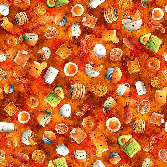 Image of QT Foodies The Breakfast Club Burnt Orange quilting cotton fabric by Morris Creative Group for QT Fabrics. Features breakfast on an orange background. Cute Little Fabric Shop.
