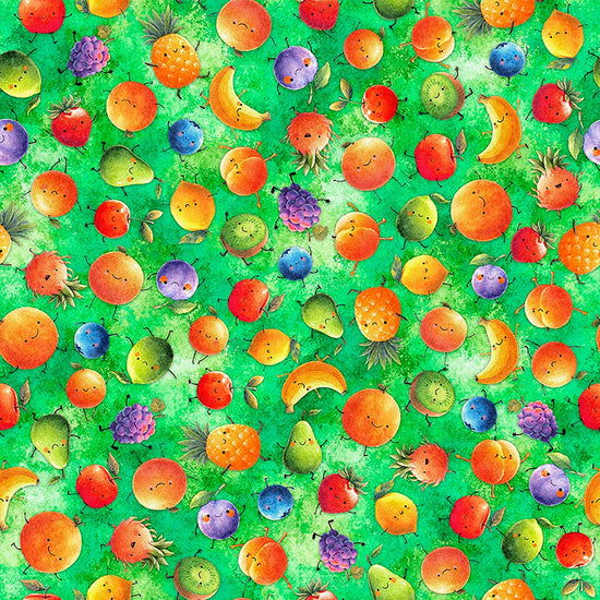 Image of QT Foodies Mixed Fruits Kelly quilting cotton fabric by Morris Creative Group for QT Fabrics. Features fruits on a green background. Cute Little Fabric Shop.