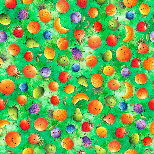 Image of QT Foodies Mixed Fruits Kelly quilting cotton fabric by Morris Creative Group for QT Fabrics. Features fruits on a green background. Cute Little Fabric Shop.