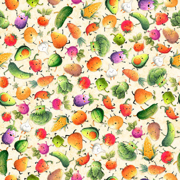 Image of QT Foodies Just Veggin' Cream quilting cotton fabric by Morris Creative Group for QT Fabrics. Features food on a cream background. Cute Little Fabric Shop.