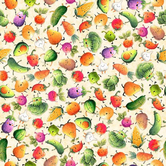 Image of QT Foodies Just Veggin' Cream quilting cotton fabric by Morris Creative Group for QT Fabrics. Features food on a cream background. Cute Little Fabric Shop.