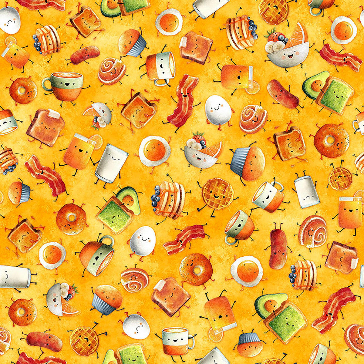 Image of QT Foodies The Breakfast Club Orange quilting cotton fabric by Morris Creative Group for QT Fabrics. Features breakfast food on a orange yellow background. Cute Little Fabric Shop.