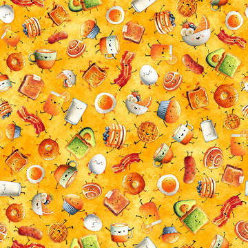 Image of QT Foodies The Breakfast Club Orange quilting cotton fabric by Morris Creative Group for QT Fabrics. Features breakfast food on a orange yellow background. Cute Little Fabric Shop.