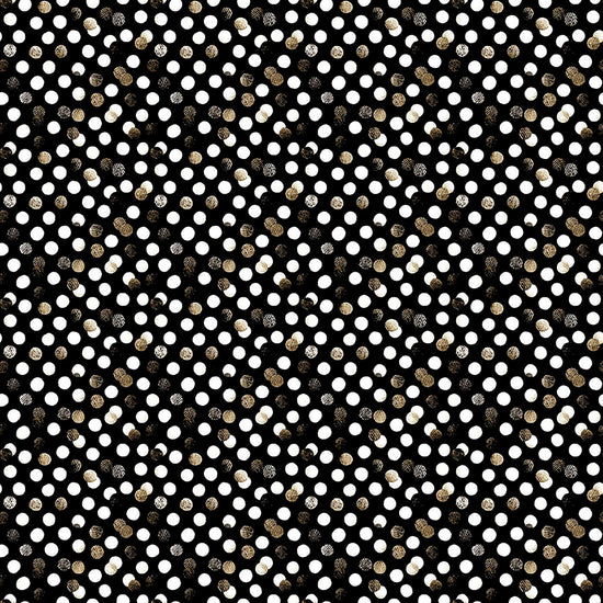 Image of QT Foodies Dots Black quilting cotton fabric by Morris Creative Group for QT Fabrics. Features polka dots on a black background. Cute Little Fabric Shop.