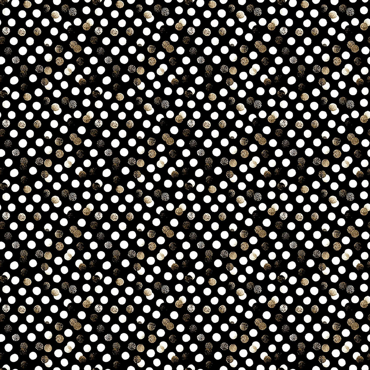 Image of QT Foodies Dots Black quilting cotton fabric by Morris Creative Group for QT Fabrics. Features polka dots on a black background. Cute Little Fabric Shop.