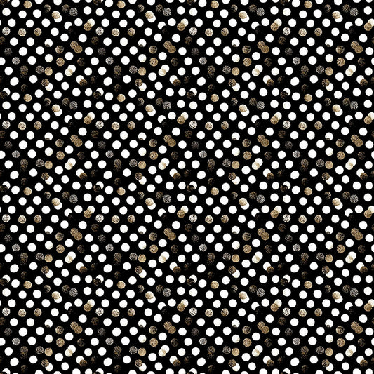 Image of QT Foodies Dots Black quilting cotton fabric by Morris Creative Group for QT Fabrics. Features polka dots on a black background. Cute Little Fabric Shop.