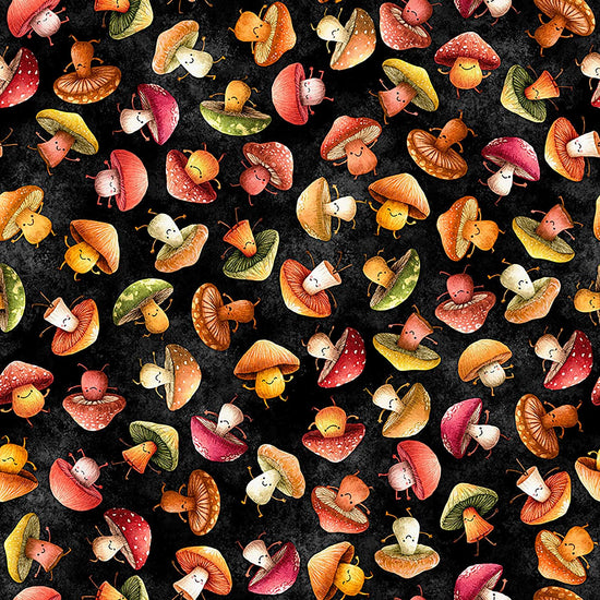 Image of QT Foodies Mushrooms Charcoal quilting cotton fabric by Morris Creative Group for QT Fabrics. Features mushrooms on a black background. Cute Little Fabric Shop.