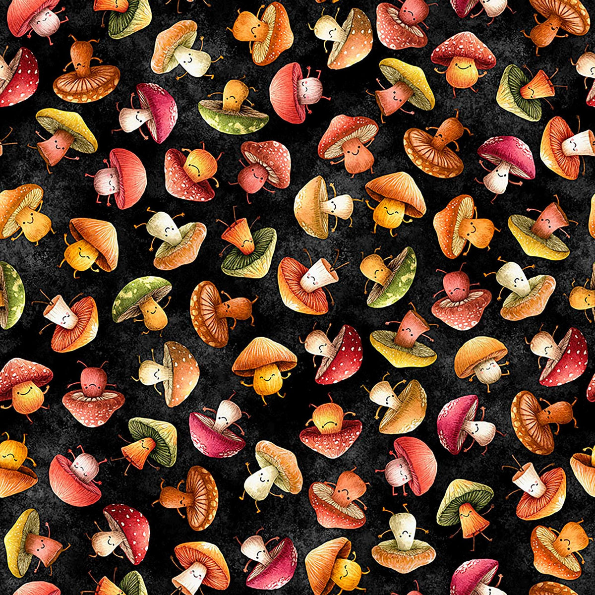 Image of QT Foodies Mushrooms Charcoal quilting cotton fabric by Morris Creative Group for QT Fabrics. Features mushrooms on a black background. Cute Little Fabric Shop.