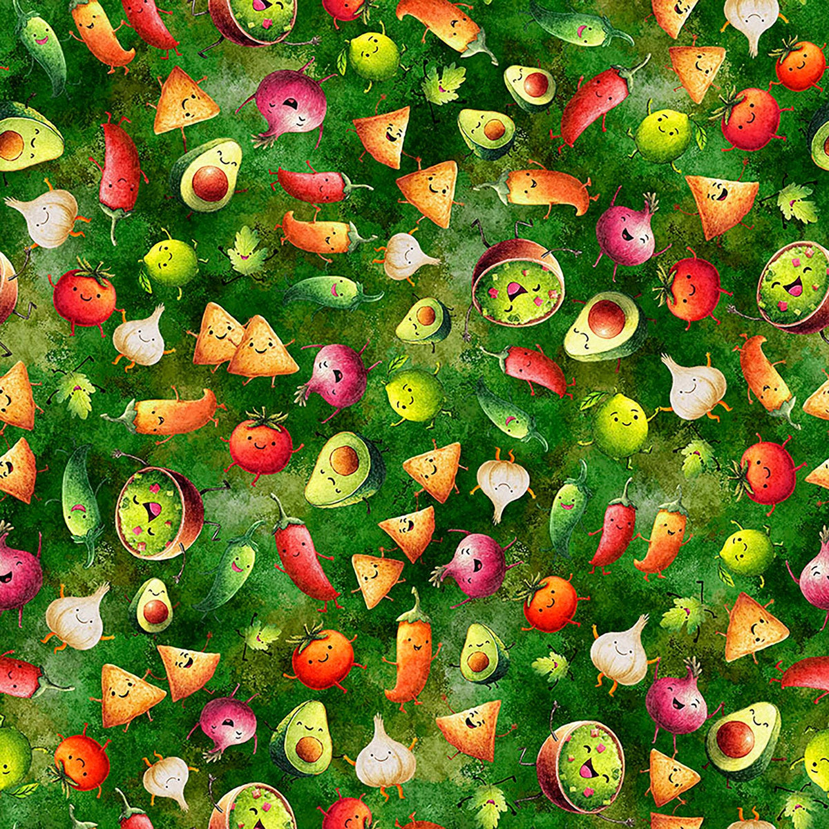 Image of QT Foodies Rock the Guac Green quilting cotton fabric by Morris Creative Group for QT Fabrics. Features food on a green background. Cute Little Fabric Shop.