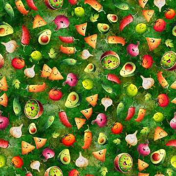 Image of QT Foodies Rock the Guac Green quilting cotton fabric by Morris Creative Group for QT Fabrics. Features food on a green background. Cute Little Fabric Shop.
