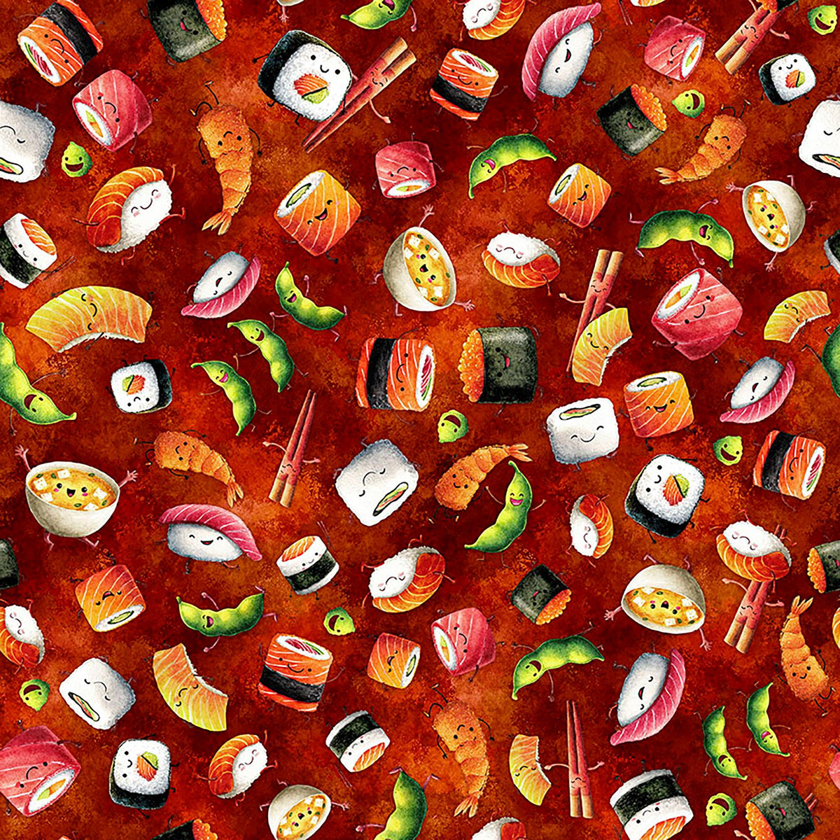 Image of QT Foodies Sushi Cayenne quilting cotton fabric by Morris Creative Group for QT Fabrics. Features sushi on a red background. Cute Little Fabric Shop.
