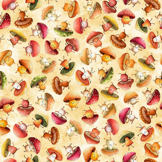Image of QT Foodies Mushrooms Wheat quilting cotton fabric by Morris Creative Group for QT Fabrics. Features mushrooms on a cream background. Cute Little Fabric Shop.