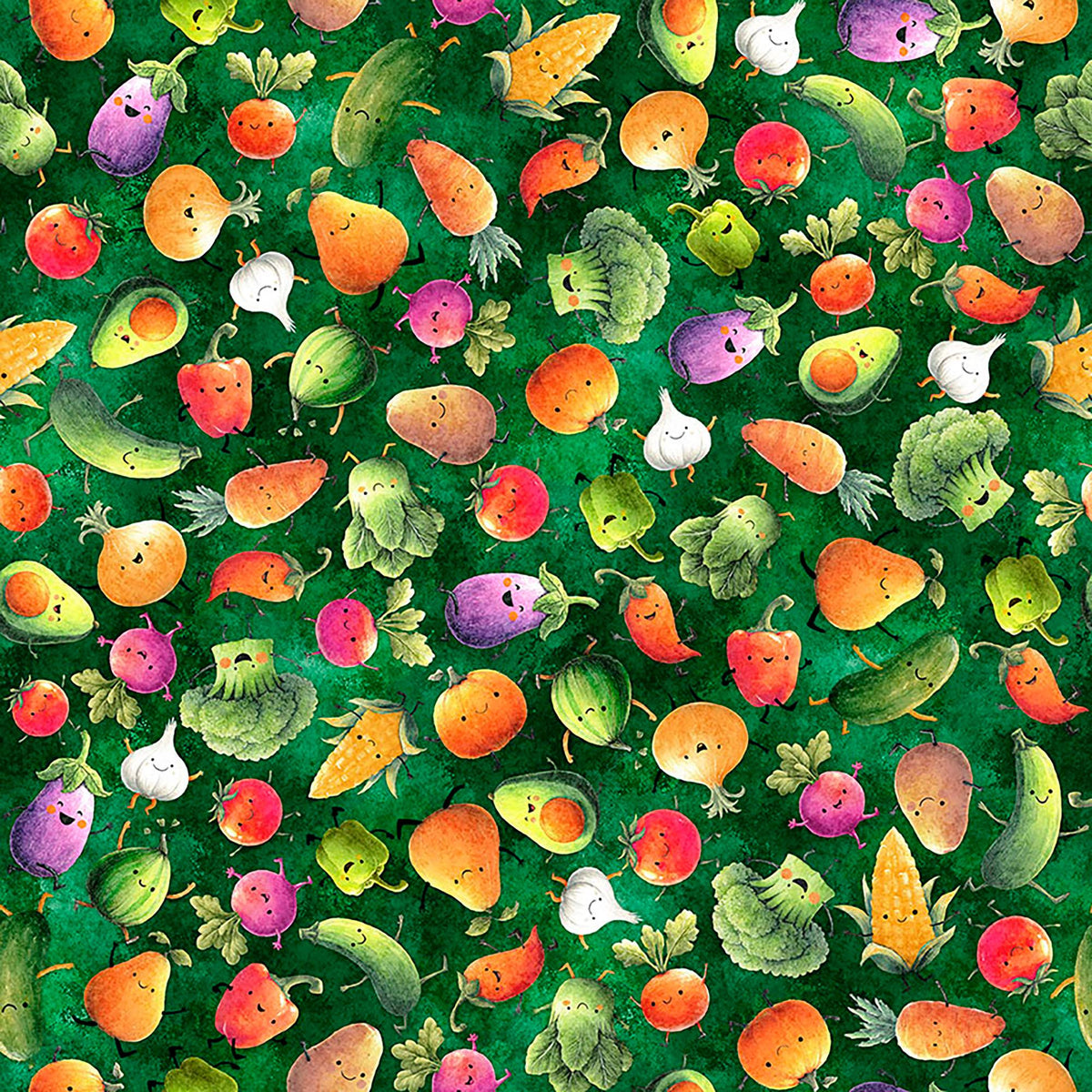 Image of QT Foodies Just Veggin' Green quilting cotton fabric by Morris Creative Group for QT Fabrics. Features vegetables on a green background. Cute Little Fabric Shop.