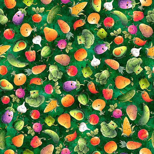 Image of QT Foodies Just Veggin' Green quilting cotton fabric by Morris Creative Group for QT Fabrics. Features vegetables on a green background. Cute Little Fabric Shop.