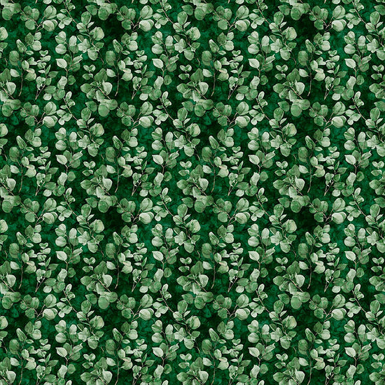 Image of Sylvan Essence Eucalyptus Forest quilting cotton fabric by Morris Creative Group for QT Fabrics. Features leaves on a green background. Cute Little Fabric Shop.