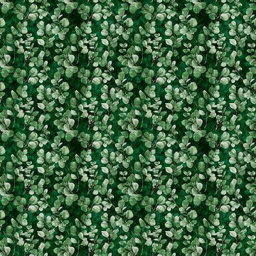 Image of Sylvan Essence Eucalyptus Forest quilting cotton fabric by Morris Creative Group for QT Fabrics. Features leaves on a green background. Cute Little Fabric Shop.