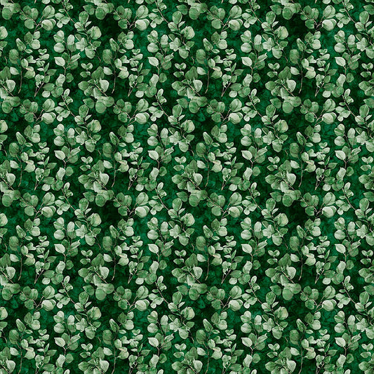 Image of Sylvan Essence Eucalyptus Forest quilting cotton fabric by Morris Creative Group for QT Fabrics. Features leaves on a green background. Cute Little Fabric Shop.