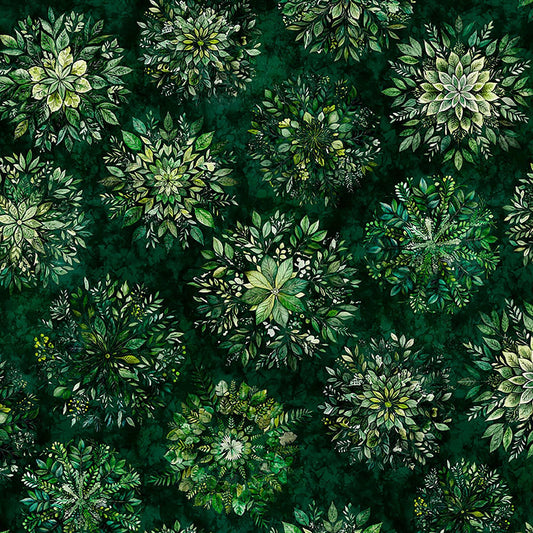 Image of Sylvan Essence Leaf Mandalas Forest quilting cotton fabric by Morris Creative Group for QT Fabrics. Features leaves on a green background. Cute Little Fabric Shop.