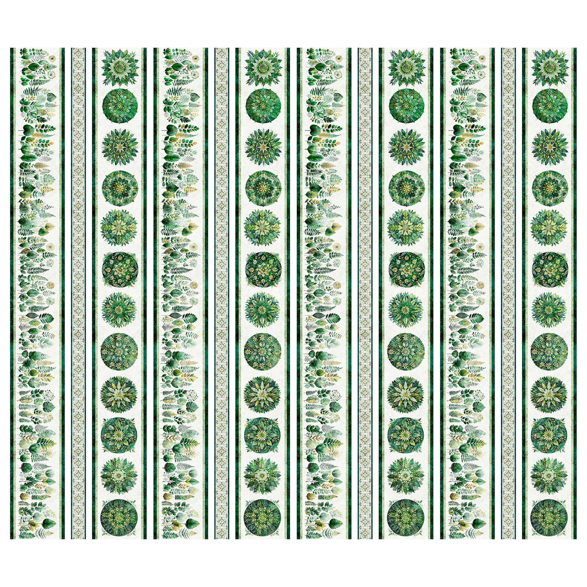Image of Sylvan Essence Botanical Border Stripe Green quilting cotton fabric by Morris Creative Group for QT Fabrics. Features leaves on a white background. Cute Little Fabric Shop.