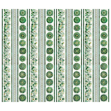 Image of Sylvan Essence Botanical Border Stripe Green quilting cotton fabric by Morris Creative Group for QT Fabrics. Features leaves on a white background. Cute Little Fabric Shop.