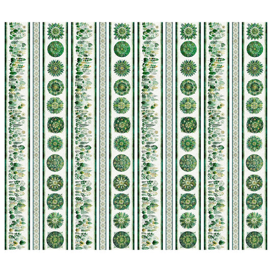 Image of Sylvan Essence Botanical Border Stripe Green quilting cotton fabric by Morris Creative Group for QT Fabrics. Features leaves on a white background. Cute Little Fabric Shop.