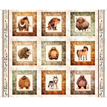 Terrors of the Pleistocene Pleistocene Picture Patches Panel Cream Ice Age Fabric - 32179 - QT Fabrics Quilting Cotton Fabric