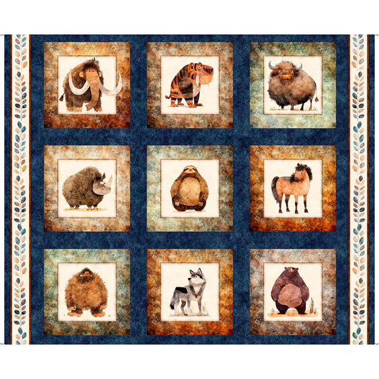 Terrors of the Pleistocene Pleistocene Picture Patches Panel Navy Blue Ice Age Fabric - 32179 - QT Fabrics Quilting Cotton Fabric