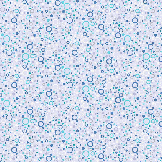 Image of Little Squirt Bubbles Pale Lilac quilting cotton fabric by Morris Creative Group for QT Fabrics. Features circles on a purple background. Cute Little Fabric Shop.
