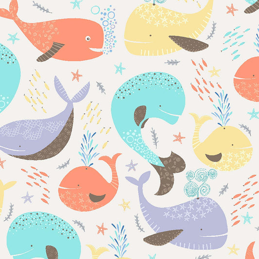 Image of Little Squirt Whales Pale Gray quilting cotton fabric by Morris Creative Group for QT Fabrics. Features whales on a white background. Cute Little Fabric Shop.