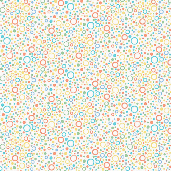 Image of Little Squirt Bubbles Light Cream quilting cotton fabric by Morris Creative Group for QT Fabrics. Features circles on a white background. Cute Little Fabric Shop.