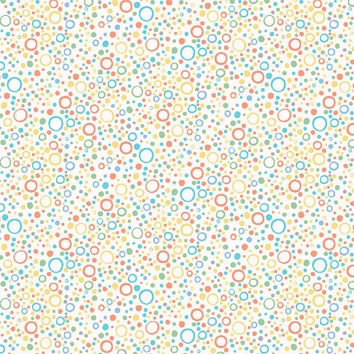 Image of Little Squirt Bubbles Light Cream quilting cotton fabric by Morris Creative Group for QT Fabrics. Features circles on a white background. Cute Little Fabric Shop.