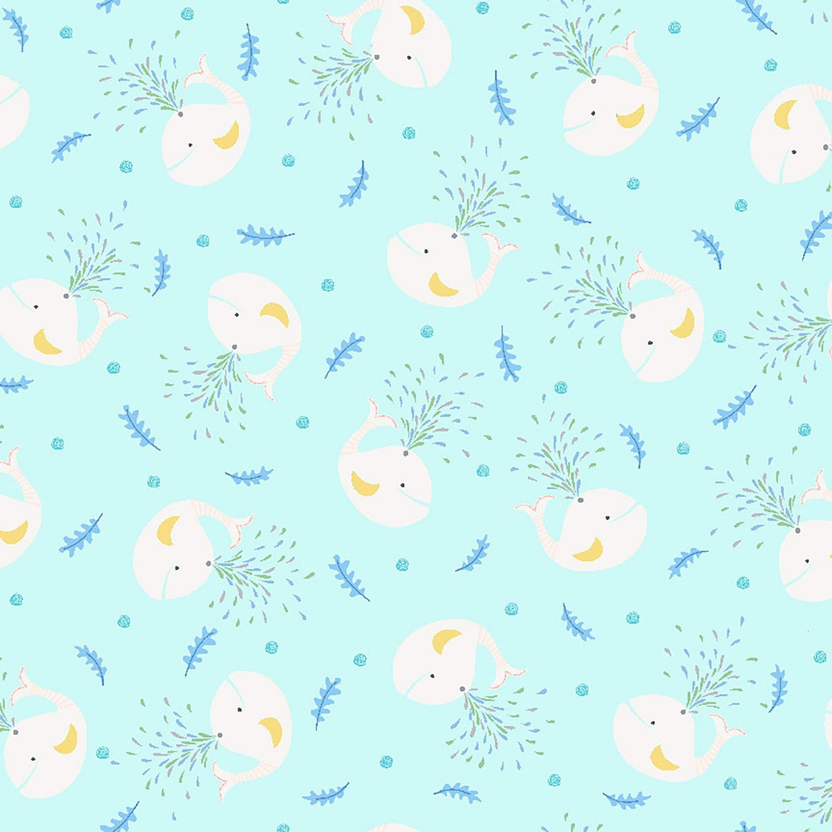 Image of Little Squirt Tossed Whale Light Aqua quilting cotton fabric by Morris Creative Group for QT Fabrics. Features whales on a blue background. Cute Little Fabric Shop.