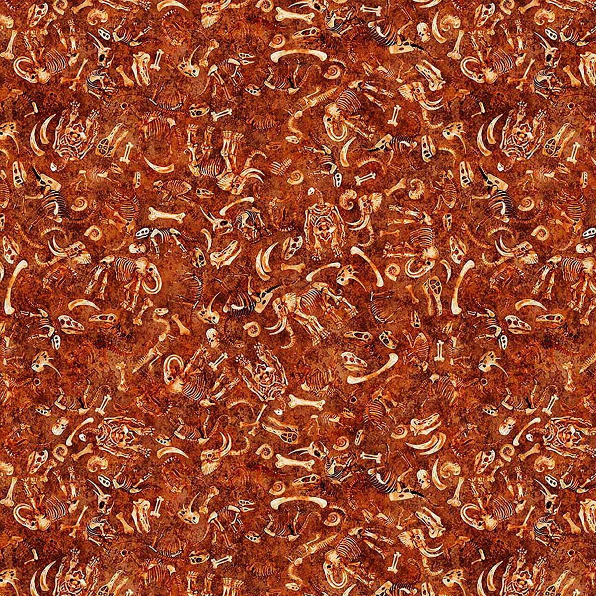 Image of Terrors of the Pleistocene Fossil Bed Paprika quilting cotton fabric by Morris Creative Group for QT Fabrics. Features bones on a reddish brown background. Cute Little Fabric Shop.