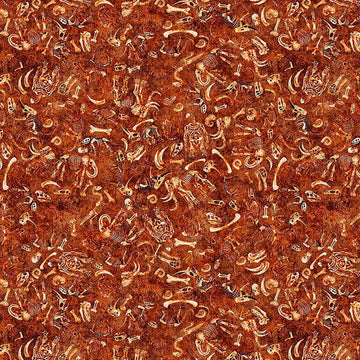 Image of Terrors of the Pleistocene Fossil Bed Paprika quilting cotton fabric by Morris Creative Group for QT Fabrics. Features bones on a reddish brown background. Cute Little Fabric Shop.