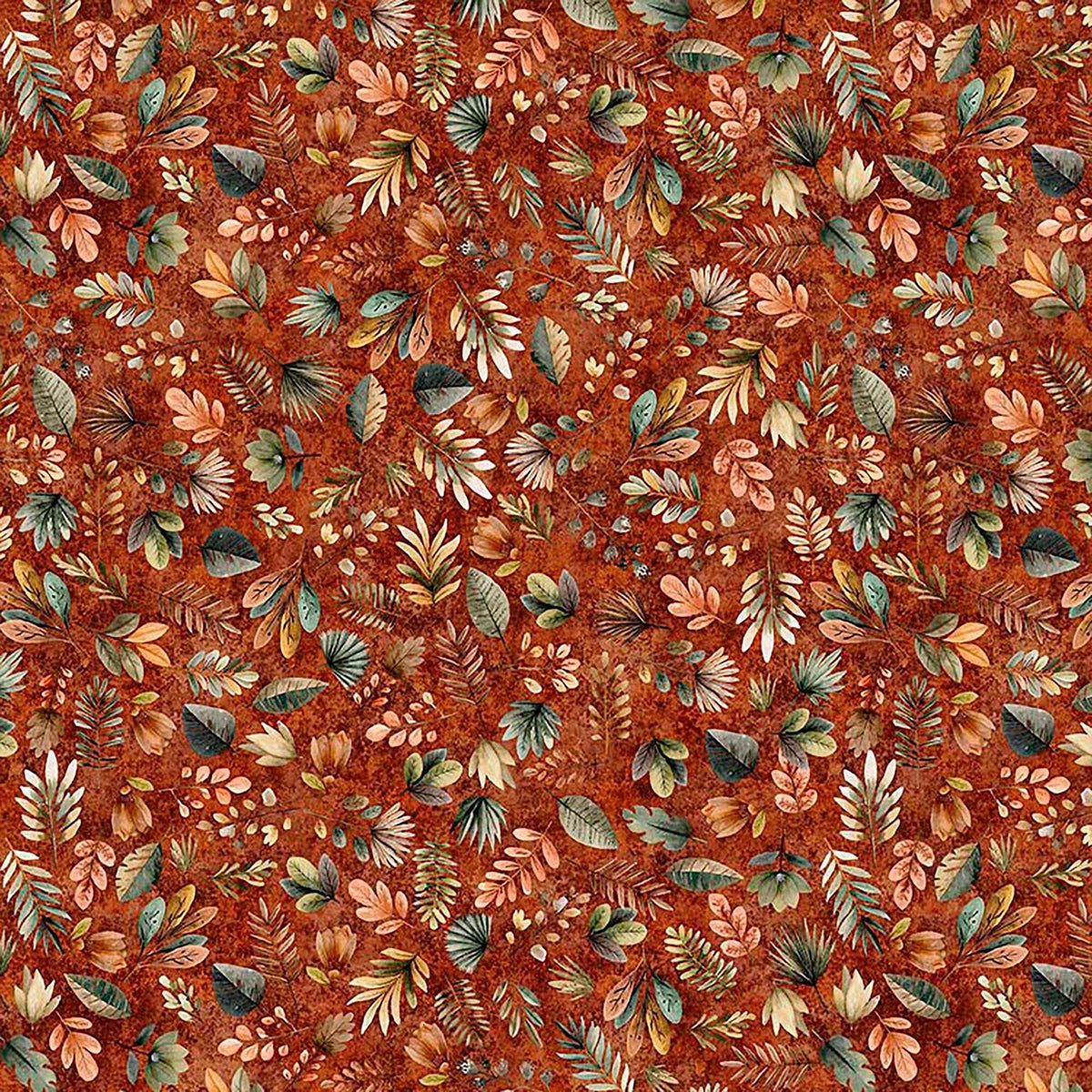 Image of Terrors of the Pleistocene Pleistocene Plants Paprika quilting cotton fabric by Morris Creative Group for QT Fabrics. Features leaves on a reddish brown background. Cute Little Fabric Shop.