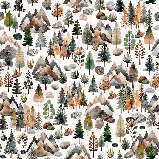 Image of Terrors of the Pleistocene Pleistocene Landscape Eggshell quilting cotton fabric by Morris Creative Group for QT Fabrics. Features plants and rocks on a white background. Cute Little Fabric Shop.