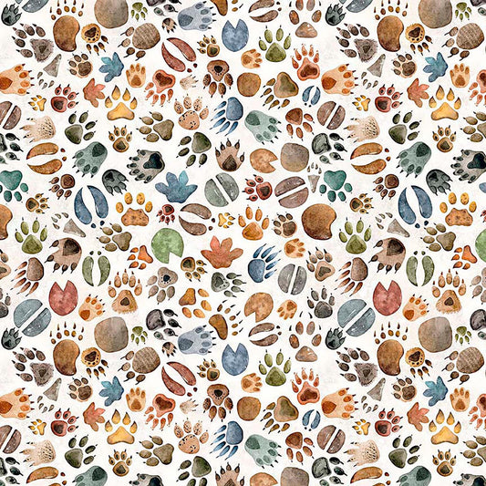 Image of Terrors of the Pleistocene Animal Tracks Eggshell quilting cotton fabric by Morris Creative Group for QT Fabrics. Features foot prints on a white background. Cute Little Fabric Shop.