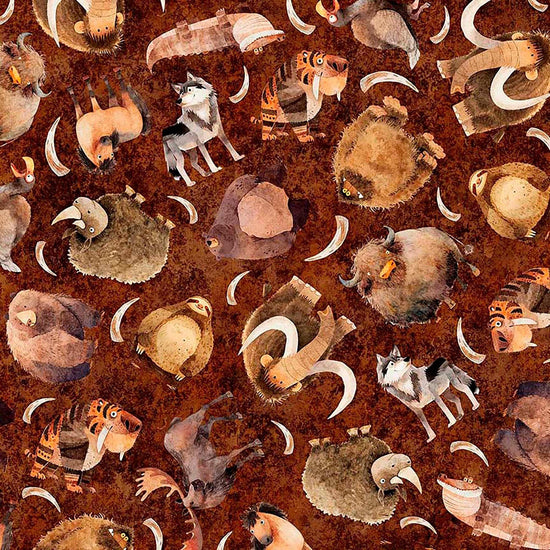 Image of Terrors of the Pleistocene Pleistocene Toss Cayenne quilting cotton fabric by Morris Creative Group for QT Fabrics. Features extinct animals on a reddish brown background. Cute Little Fabric Shop.