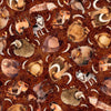 Image of Terrors of the Pleistocene Pleistocene Toss Cayenne quilting cotton fabric by Morris Creative Group for QT Fabrics. Features extinct animals on a reddish brown background. Cute Little Fabric Shop.