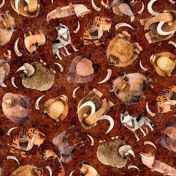 Image of Terrors of the Pleistocene Pleistocene Toss Cayenne quilting cotton fabric by Morris Creative Group for QT Fabrics. Features extinct animals on a reddish brown background. Cute Little Fabric Shop.