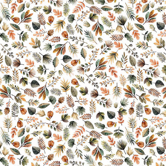 Image of Terrors of the Pleistocene Pleistocene Plants Eggshell quilting cotton fabric by Morris Creative Group for QT Fabrics. Features leaves on a white background. Cute Little Fabric Shop.
