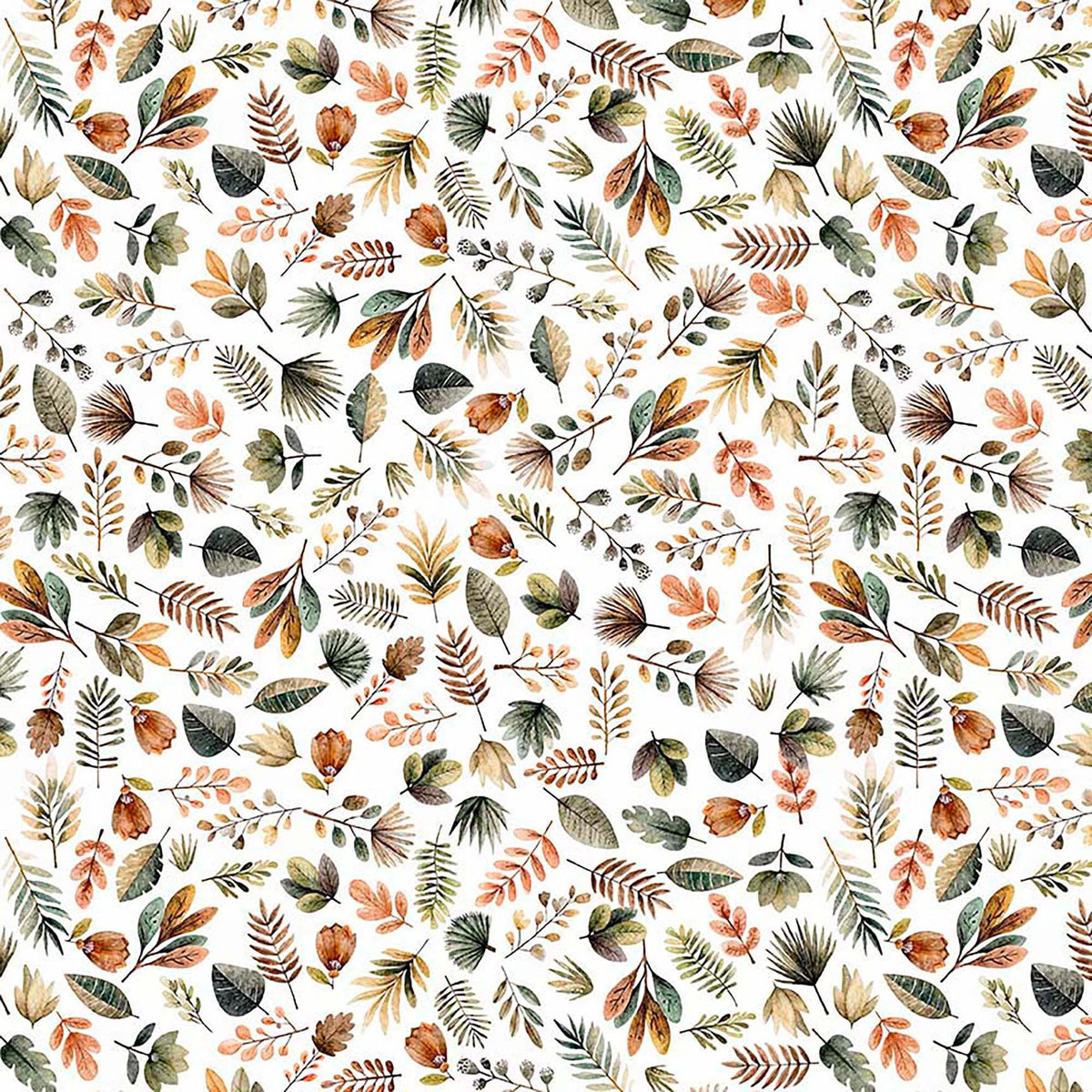Image of Terrors of the Pleistocene Pleistocene Plants Eggshell quilting cotton fabric by Morris Creative Group for QT Fabrics. Features leaves on a white background. Cute Little Fabric Shop.